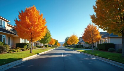 Obraz premium Suburban street lined with houses and colorful autumn trees under a clear blue sky. Manicured lawns and neat hedges border the asphalt road. Peaceful neighborhood scene during fall season.