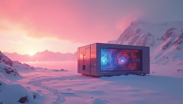 Modern research lab sits in snowy arctic landscape under pink sunset sky. Futuristic tech screen shows swirling galaxy or cosmic data streams. Advanced science exploration. - Powered by Adobe