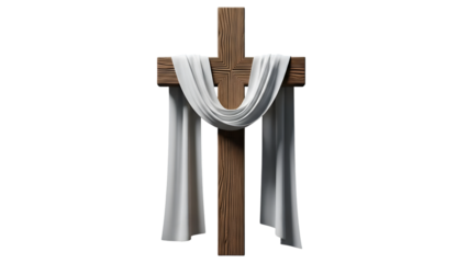Easter cross with white cloth isolated on transparent background happy easter symbol
