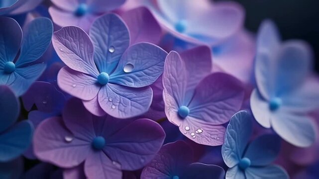 Purple hydrangea flowers covered with tiny water droplets creating soft dreamy floral background with delicate petals and calming pastel tones.