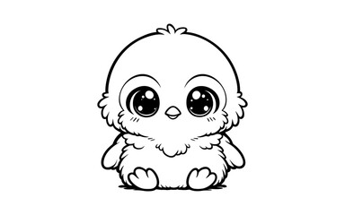 Fototapeta premium Cute kawaii chick with big eyes in black and white line art style