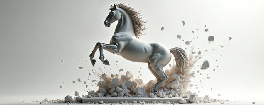 White horse sculpture breaks through marble base, creating dust and debris. Dynamic movement and powerful energy conveyed through powerful breaking free imagery.