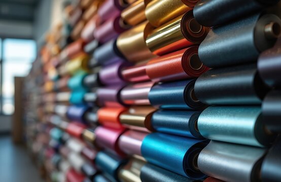 Wall displays many rolls of colorful adhesive vinyl foils. Various colors like red, blue, gold, and purple are stacked neatly. These materials are used for car wrapping and design projects.