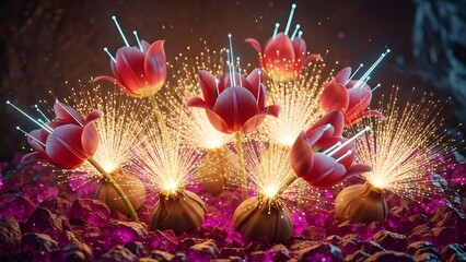 A vibrant and dramatic display of pink tulips with sparkling fireworks in a beautiful landscape
