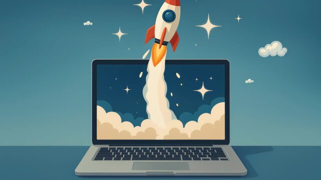 Digital Launch: A vibrant digital illustration of a rocket ship launching from a laptop screen into a starry sky, representing innovative concepts and the limitless possibilities of technology.