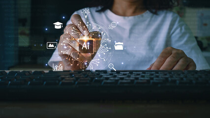 Artificial intelligence technology concept. AI processor chip, machine learning system, data analysis, smart automation on computer, education, innovation, digital transformation, business solution.