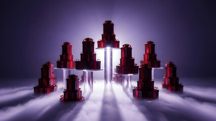 A futuristic cityscape with red skyscrapers and neon lights in a dark background