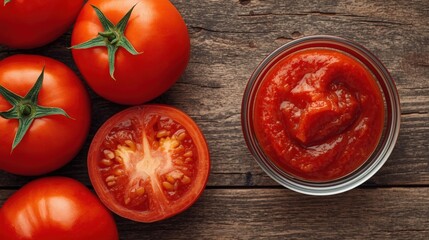 Vibrant red tomatoes whole and halved with rich tomato puree on rustic wooden background