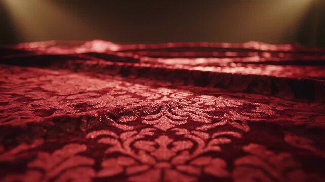 Close up of red velvet fabric with ornate pattern and soft lighting