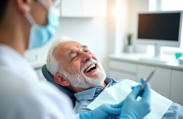 Obraz premium Elderly man laughs heartily in dentist chair. Dentist in mask and gloves prepares for examination. Senior patient feels comfortable and happy during dental check-up.