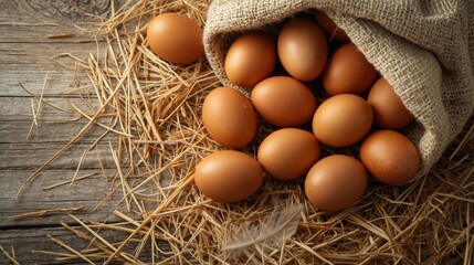 Farm Fresh Brown Eggs Spilling from Burlap Sack on Rustic Wood and Hay Background