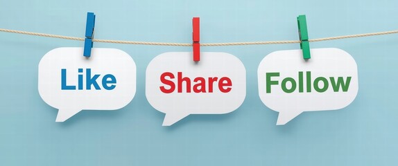Digital Marketing Call to Action Like Share Follow Messages on Speech Bubbles Hanging