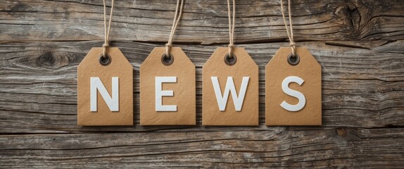NEWS word spelled on rustic kraft paper tags hanging on weathered wooden background for updates and information