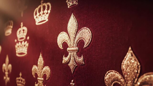 Decorative emblems and symbols on red fabric surface illuminated by sunlight