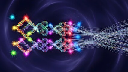 A vibrant and colorful DNA double helix structure with glowing lights and particles