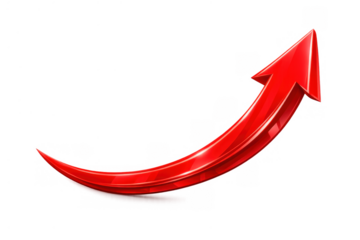 Red arrow representing business growth, financial increase, profit success, and rising market trend with a glossy 3d curve