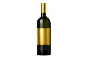 Wine bottle with blank gold label and foil capsule, featuring dark green glass for beverage mockup on a transparent background