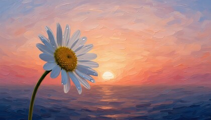 Close up macro of a delicate white daisy with water droplets on its petals against a vibrant sunset sky over the ocean horizon