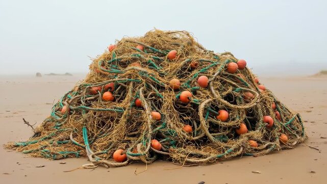 Fishing Net on Beach: A pile of intricately woven fishing net, adorned with buoyant orange floats, lies upon a sandy beach against a misty backdrop, evoking the rugged life of a fisherman.