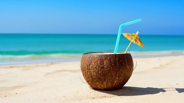 Coconut Paradise: A refreshing coconut cocktail, adorned with a straw and parasol, sits invitingly on a sandy beach, inviting the allure of a sun-kissed getaway. 