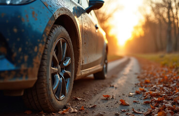 Car wheel covered in mud drives on dirt road in autumn. Sunlight shines through trees in background. Fallen leaves on path show travel adventure.