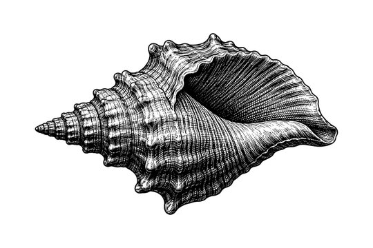 Intricate black and white conch shell illustration
