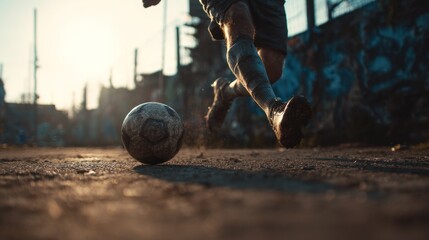 Action of a young football player kicking a ball during outdoor sunset game on a rough field