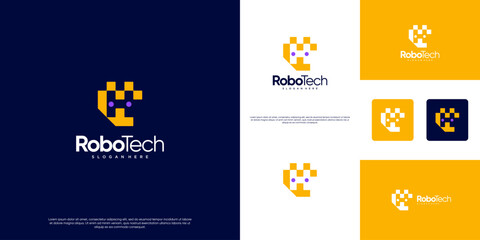 Minimalist robot head logo with pixel art style, modern abstract, digital innovation, graphic design template.