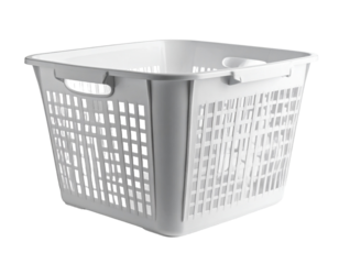 Empty wicker laundry basket with handles isolated on transparent background