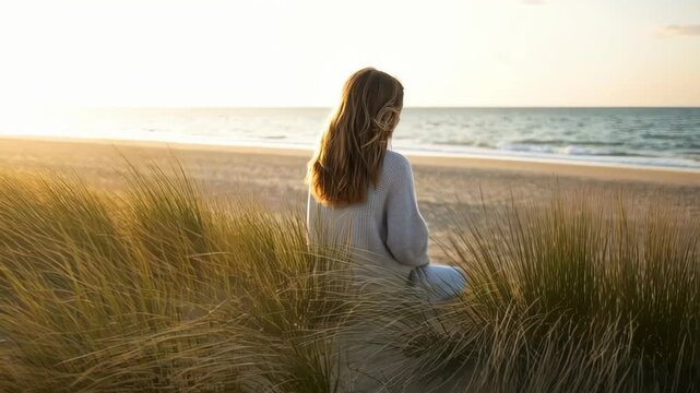 Solitude by the Sea: A lone woman finds peace on the serene seashore, enveloped by the tranquility of the ocean and the sun-kissed sand, in a moment of self-reflection.