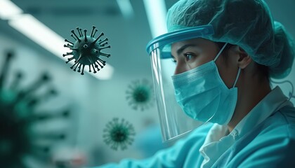 Medical worker in mask and face shield examines virus particles in lab. Scientist researches contagion and global pandemic spread. Future of healthcare fighting infection.