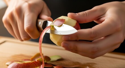 Close-up of hands carefully peeling a fresh apple with a paring knife