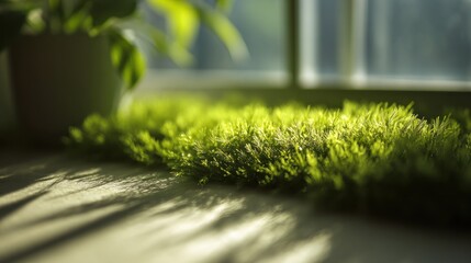 Close-up view of sunlight streaming through a window onto a green moss carpet inside a cozy room