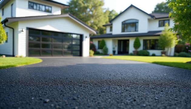 Newly paved asphalt driveway leads to modern suburban house with clean lawn. Driveway surface smooth, fresh blacktop material. Home exterior shows white siding, black trimmed windows, glass garage
