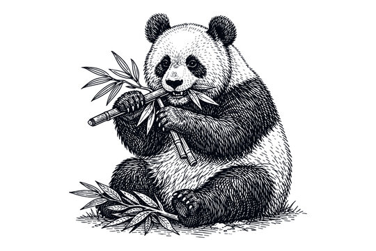 Hand-drawn panda eating bamboo illustrates wildlife charm