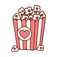Cute Valentine&rsquo;s Day Love Popcorn Illustration. Pink Striped Popcorn Bucket with Heart Detail and Romantic Movie Night Concept.
