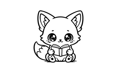 Obraz premium Cute kawaii fox reading a book: adorable outline animal character design