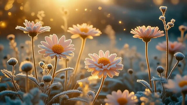 Golden sunlight illuminates fresh daisies in a soft meadow scene filled with warm bokeh sparkles, delicate petals, and a peaceful spring atmosphere full of natural charm.