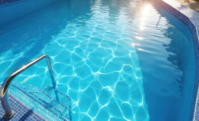 Bright sunlit swimming pool with clear blue water and a metal handrail. Rippling water surface creates abstract patterns with light reflections. Steps lead into the refreshing liquid.