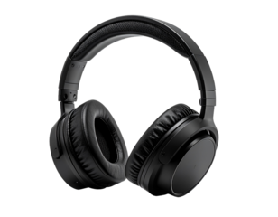 Isolated black wireless headphones on transparent background for audio technology or music concepts