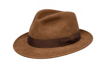 Brown felt fedora hat with dark brown ribbon band, classic style for fashion, adventure, or detective themes