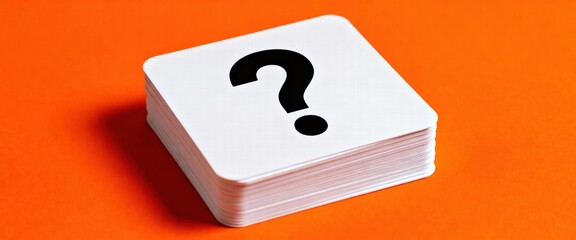 Question mark card stack on vibrant orange background for curiosity and dilemma concepts