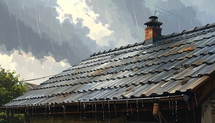 Fototapeta premium A close-up view of a house roof, glistening wet from heavy rainfall, under a dramatic, cloudy sky. Raindrops cascade