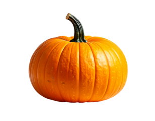 Isolated image of a ripe orange pumpkin with a green stem against a transparent background
