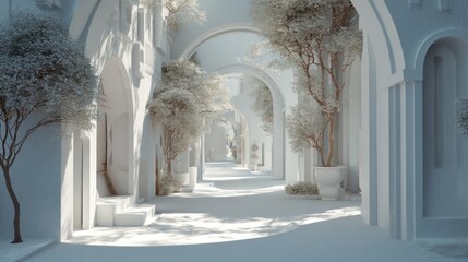 Serene all-white architectural walkway with repeating archways and foliage