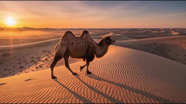 A camel walks alone on a sand dune at sunset in the desert landscape