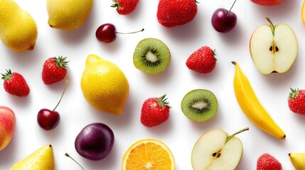 Vibrant Assortment of Fresh Fruits Arranged in a Playful Flat Lay Composition
