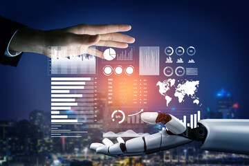 Human and robotic hand interacting with futuristic technology in a cityscape, showcasing collaboration and innovation in digital age Impute.