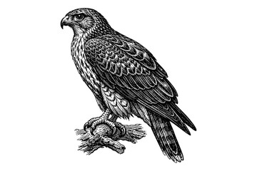 Fototapeta premium Detailed black and white falcon illustration on branch with intricate feather design