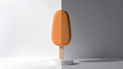 Orange ice cream bar. Wood stick. White circular pedestal. Split lighting. Hard shadow. Minimalism. Studio background. Product photography. Geometric shape. Grey wall. Neutral tone. Food concept art.